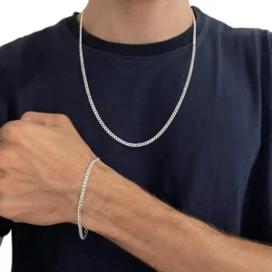 KIT GRUMET 3MM CORRENTE 60CM + PULSEIRA 21CM - PRATA 925 LEGÍTIMA